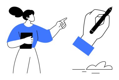 Tablet tutan ve işaret eden bir kadın, kalem ile yakın plan bir el yazısı, minimum bulut çizimi. Yaratıcılık, planlama, eğitim, takım çalışması, iletişim öğrenme koçluğu için idealdir. Basit düz