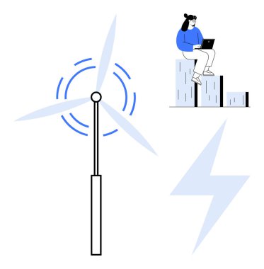 Rüzgar türbini rotasyonu, enerjiyi sembolize eden şimşek, verileri analiz eden kadın. Sürdürülebilirlik, yeşil enerji, veri analizi, ilerleme, ekolojik yenilik büyümesi için idealdir. Basit düz