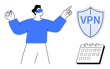 VPN ve takvim işaretli kalkanlara karşı VR kulaklık takan kişi gizliliği, siber güvenliği ve çevrimiçi planlamayı simgeliyor. Teknoloji, güvenlik, veri koruması, planlama ve uzak çalışma için ideal