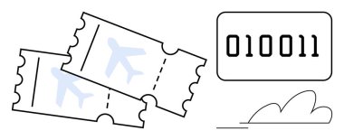 Yanında ikili kod ve bulut elementi olan iki uçak bileti. Seyahat, dijital dönüşüm, online rezervasyon, programlama, havacılık, yenilik ve teknoloji için ideal. Basit bir daire.