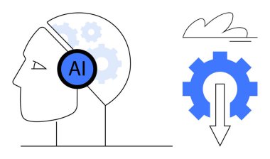 İçinde vitesler olan yapay zeka rozeti, bulut grafiği ve aşağı doğru ok olan teçhizat olan insan profili. Otomasyon, yenilik, makine öğrenimi, karar verme teknolojisi, yapay zeka teknolojisi, gelecekteki kavramlar için ideal