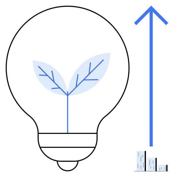 Лампочка с растущим внутри растением, голубой стрелкой вверх и столбчатой диаграммой. Идеально подходит для устойчивого развития, инноваций, роста, экологии, прогресса возобновляемых источников энергии корпоративного успеха. Простая плоская метафора