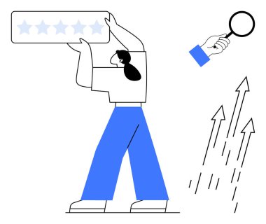 Kadın beş yıldızlı derecelendirme levhası kaldırıyor, kalite ve geri bildirimi sembolize ediyor. Bitişik büyüteç, yükselen okların büyüme, performans ve başarıyı simgelediğini gösteriyor. İş için ideal, geribildirim