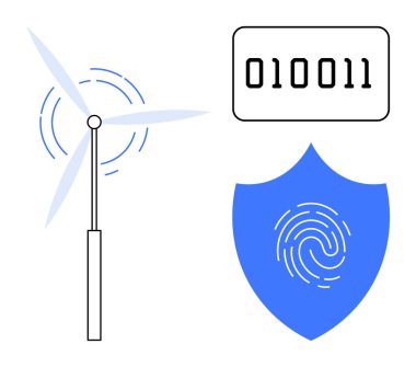 Rüzgar türbini yenilenebilir enerjiyi, teknoloji için ikili kodu ve güvenlik ve kimlik koruması için parmak izi olan kalkanı sembolize eder. Teknoloji, sürdürülebilirlik, yenilik ve siber güvenlik için ideal
