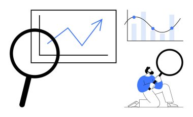 Yükselen grafik ve veri tablolarını değerlendirmek için büyüteç kullanan bir adam. İş analizi, veri araştırması, büyüme izleme, pazar eğilimleri, yatırım stratejisi, sorun çözme, basit düz alan