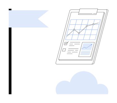 Çizelgelerle birlikte bir pano üzerinden performansı izlemek ve görevleri işaretlemek, hedef başarısını simgeleyen bir bayrak ve bir bulut. Planlama, üretkenlik, veri, sonuç metrikleri, proje yönetimi için ideal