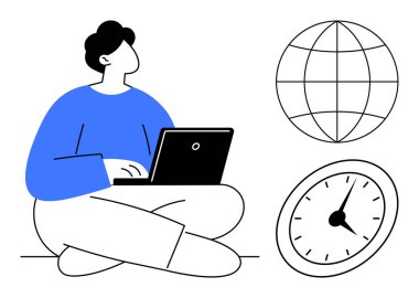 Dizüstü bilgisayar, dünya çapında erişimin dünya çapında temsili ve zaman yönetimini simgeleyen saat kullanılarak bacak bacak bacak üstüne atılmış biri. Uzak çalışma, küresel ulaşım, üretkenlik, zaman yönetimi ve teknoloji için ideal