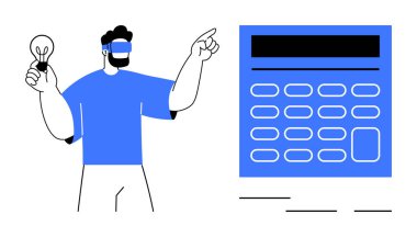 Ampullü adam hesap makinesine büyük düğmeler ve ekranla bakıyor. Yenilik, finans, teknoloji, eğitim, problem çözme, strateji ve kavramsal düşünce için idealdir. Basit düz metafor