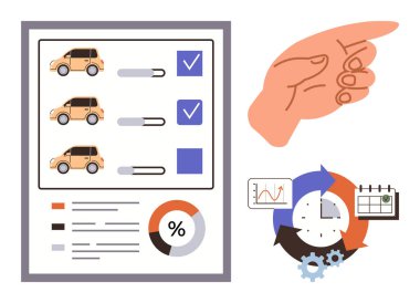 İlerleme çubukları, grafikleri, el hareketi ve analiz için çizelgeleri olan araç kontrol listesi. Değerlendirme, karar verme, süreç, planlama, envanter, analiz için ideal basit düz metafor