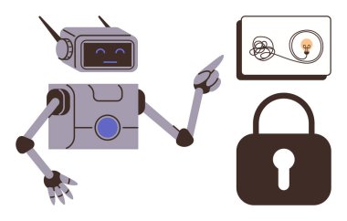 Dost canlısı robot, büyük bir asma kilidin yanında birbirine dolanmış halat ve ampulle fikir panosunu işaret ediyor. Yapay zeka, yenilik, güvenlik, yaratıcılık, problem çözme, eğitim ve teknoloji için idealdir. Basit düz