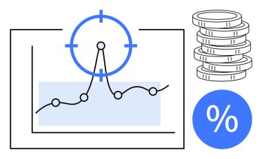 Hedef çizelgesi, istiflenmiş paralar ve yüzde işareti. Finans, iş büyümesi, yatırım, kâr takibi, analitik strateji tasarruf illüstrasyonu için ideal. Basit bir düz metafor.