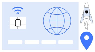 Mikroçip, internet küresi, pin konumu, kablosuz sembol ve roket, bağlantı gösterme, yenilik, navigasyon ve keşif. Küresel erişimin teknolojik ağ oluşturulması için ideal