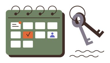 Vurgulanmış tarihi olan organize takvim, erişimi ve fırsatları sembolize eden anahtarlar. Planlama, verimlilik, teslim tarihleri, programlama, hedef belirleme, atamalar proje yönetimi için idealdir. Basit.