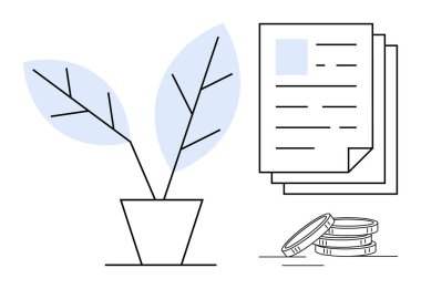 Büyümeyi sembolize eden saksı bitkisi, finansı temsil eden madeni paralar ve organizasyon için belgeler. Sürdürülebilirlik, yatırım, iş planlaması, eko-ekonomi, üretkenlik ve finans için ideal