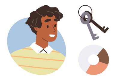 Gülümseyen insan portresi, metal anahtarlar, soyut pasta çizelgesi bölümü. Başarı, kariyer, güvenlik, sorumluluk, büyüme başarısı için idealdir. Kişisel gelişim için basit düz metafor