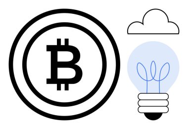 Çemberin içindeki Bitcoin sembolü, fikirleri öneren ampul, bağlantıyı temsil eden bulut. Engelleme zinciri, kripto para birimi, fintech, yenilik, teknoloji, enerji bulutu çözümleri için ideal