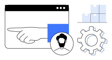 Tarayıcı penceresini, kullanıcı profili simgesini, teçhizatını ve takım çalışmasını, karar verme mekanizmasını ve işlem optimizasyonunu temsil eden blokları elle göstererek. İş akışı, strateji, sistem yönetimi verimliliği için ideal