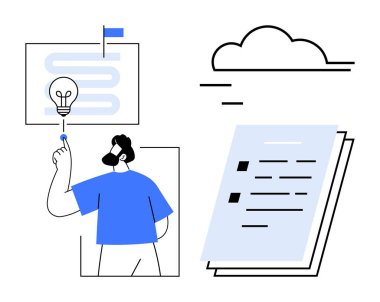 Proje planındaki ampulü gösteren adam, yakınlardaki kontrol listesi, bulutlar. Basit bir düz metaforda yenilik, beyin fırtınası, fikirler, planlama, strateji, üretkenlik ve takım çalışması için ideal