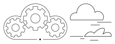 Bulut formunda birbirine kenetlenmiş üç vites ve soyut gökyüzü elementleri. Bulut hesaplama, takım çalışması, teknoloji, otomasyon, veri işleme, yenilik, basit düz metafor