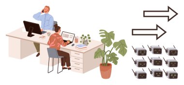 Bilgisayar kullanan iki profesyonel, bitkiler, yön okları ve otomatik robotlarla çevrili. Takım çalışması, otomasyon, teknoloji, iş akışı, iletişim robotu yönetimi için ideal