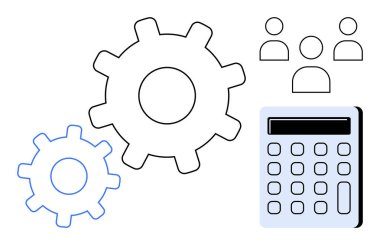 Süreçleri temsil eden dişliler, analitiği sembolize eden hesap makinesi ve işbirliği için takım simgeleri. Takım çalışması, iş planlaması, iş akışı otomasyonu, süreç optimizasyonu, veri analizi için ideal