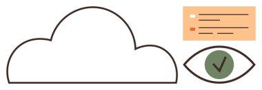 Bulut çizgisi, turuncu dikdörtgen içinde kontrol listesi ve yeşil göz. Güvenli verileri, mahremiyeti, bulut hesaplamasını simgeliyor. Teknoloji, güvenlik, veri analizi, gizlilik bulutu deposu için ideal