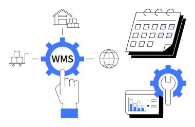 El etkileşimi WMS teçhizatı, depo, takvim, grafik ve lojistiği temsil eden dünya. Üretkenlik, teknoloji, tedarik zinciri, depo yazılımı iş akışı optimizasyonu işi için ideal