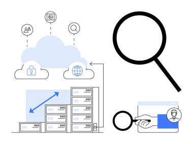 Güvenlik, kullanıcılar ve büyüteç sembolünün yanında arama için bağlı simgelere sahip bulut depolama. Veri depolama, siber güvenlik, ağ analizi, ölçeklenebilirlik, çevrimiçi arama, araştırma için ideal