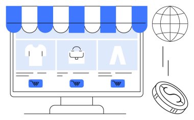 Depo önü güneşlikli bilgisayar ekranı, ürün kategorileri ve alışveriş arabası simgeleri. Küre ve madeni para elementleri. E-ticaret, ticaret, küreselleşme, perakende satış, teknoloji ticareti için ideal