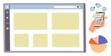El, mobil ödeme uygulaması, içerik şebekesi, grafik ve veri öneren analitik simgelerle gösterge ekranı, finans yönetimi. Fintech, e-ticaret, veri analizi, UIUX, dijital bankacılık için ideal