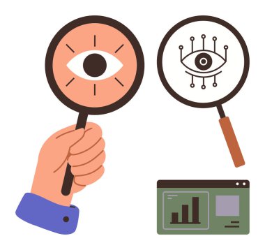 Gerçekçi göz ile el ele tutuşan büyüteç, verileri analiz eden dijital göz ve tarayıcı paneli. Araştırma, analitik, yenilik, siber güvenlik, vizyon veri bilimi anlayışı için ideal. Basit.