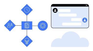 Merkezi belge bağlantıları saat, ekip, fikir ve ayarlama simgeleri profil avatarlarıyla işbirliği sohbeti için. Takım çalışması, proje planlaması, iletişim, üretkenlik, uzaktan beyin fırtınası için ideal