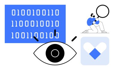İkili kod, göz ikonu, büyüteç takan adam ve teknolojiden esinlenilmiş kalp şekli. Veri analizi, teknoloji, siber güvenlik, dijital vizyon, araştırma sağlık hizmetleri yapay zekası için ideal