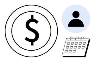 Çemberde dolar işareti, bir kullanıcı profili simgesi ve bütçe yönetimi, maaş bordrosu, teslim tarihleri, zaman yönetimi, muhasebe ve finansal hedefleri vurgulayan bir takvim. Finans için ideal