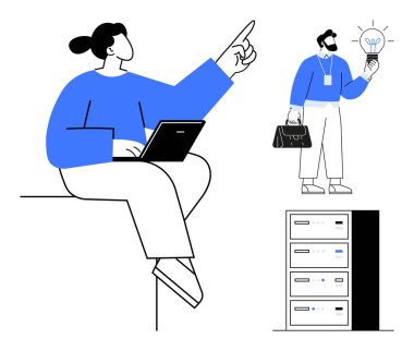 Dizüstü bilgisayarı yukarıya bakan, sunucuların yanında ampul tutan biri. Takım çalışması, yenilik, teknoloji, veri yönetimi, yaratıcı problem çözme, iş stratejisi, basit düz alan