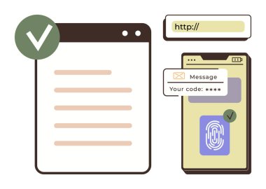 Web tarayıcı penceresi, SMS kodu, yeşil işaretli parmak izi taraması. Siber güvenlik, kimlik doğrulama, veri koruması, çevrimiçi işlemler, güven, kullanıcı deneyimi için ideal