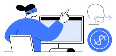 Monitörü işaret eden kişi, hava akımlı kafa profili ve finansal tabela. Teknoloji, analiz, finans, iletişim, yenilik, uzaktan kumandalı karar verme için idealdir. Temiz ve basit bir daire