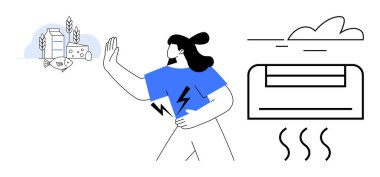 Karnını tutan ve el kol hareketi yapan kadın sıcak hava dalgaları ve klima sembolleriyle süt ve peynire doğru duruyor. Sağlık, gıda alerjisi, yaşam tarzı, hoşgörüsüzlük, rahatsızlık, farkındalık için ideal