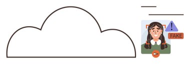 Sahte içerik tespiti için yüz tanıma sistemi olan bir bulut. Yapay zeka analizleri, siber güvenlik, kimlik kontrolü, dolandırıcılığı önleme, veri koruması, dijital güvenlik, basit düz metafor