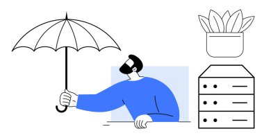 Adam şemsiye uzatıyor, bir sunucu dolabı ve güvenlik, büyüme, koruma, veri güvenliği, sürdürülebilirlik, bakım ve güvenilirliği temsil eden bir saksı ile eşleştiriliyor. İş bilişim sigortası için ideal