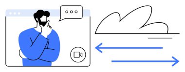 Görüntülü konuşma sırasında sakallı adam düşünüyor, yukarıdaki konuşma baloncuğu. Yakınlarda bir bulut ve oklar veri akışını temsil ediyor. Uzak çalışma, işbirliği, bulut teknolojisi, iletişim, yenilik verileri için ideal