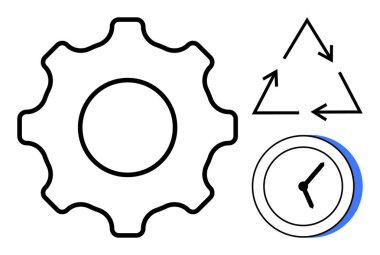 Dişlileri sembolize etme süreci, sürdürülebilirlik için dairesel oklar, zaman için saat. Verimlilik, iş akışı, planlama, geri dönüşüm, verimlilik eko-bilinç gelişimi için ideal. Basit düz