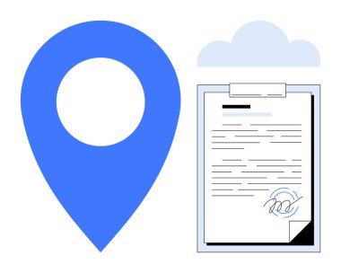 Mavi işaret panonun yanında imzalı belge ve bulut. Kontratlar, uzaktan çalışma, konum verileri, lojistik, dijital güvenlik, bulut depolama, çevrimiçi hizmetler için ideal. Basit düz