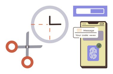 Saate yakın makas, telefon ekranı alıcı kodu ve parmak izi girişi. Güvenlik, kimlik doğrulama, zaman, erişim kontrolü, veri güvenliği, kullanıcı deneyimi için ideal basit düz metafor