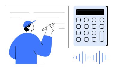 Gemide yazan kişi, büyük hesap makinesi ve öğrenme, hesaplama ve modern teknolojiyi temsil eden ses dalgaları. Eğitim, eğitim, matematik, teknoloji uzaktan eğitim için idealdir.