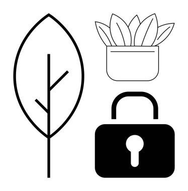 Siyah doğrusal yaprak, saksı bitkisi ve asma kilit uyum, çevre, büyüme ve korumayı çağrıştırıyor. Ekoloji için ideal, sürdürülebilirlik güvenliği gizlilik büyüme farkındalığı dijital güvenlik. Basit düz
