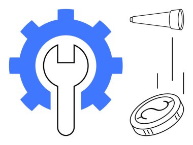 Büyük mavi dişli ve ingiliz anahtarı mühendisliği simgeler, teleskop ve düşen bozuk parayla finansal planlama, keşif ve yenilik önerilir. İş, teknoloji, onarım ve yatırım için ideal
