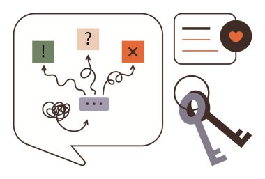 Karar akışı diyagramlı konuşma balonu, ünlem işareti, soru işareti ve X sembolleri, birbirine karışmış çizgi, anahtarlar, kalp içerisindeki mesaj. İletişim ve strateji karar verme liderliği için ideal