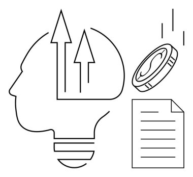 Yukarıya doğru ok atan, bozuk para düşen ve yeniliği, büyümeyi, finansal başarıyı, karar vermeyi, zekayı, yatırımı ve yaratıcılığı sembolize eden insan başlı ampuller. İdeal