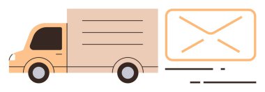 Büyük zarf hatlarıyla birleşen kargo kamyonu, basit bir dairede kurye hizmetleri, lojistik, posta teslimatı, iletişim, hızlı servis, e-ticaret çözümleri ve veri transferini ifade ediyor.